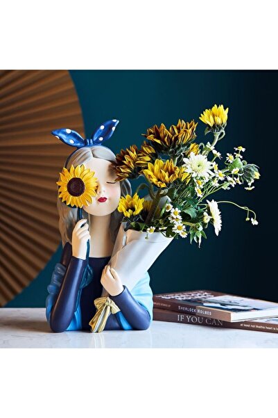 biomaxi plus Ayçiçekli Buketli Çiçekli Kız Heykeli Ölçü: 32 Cm X 17 Cm