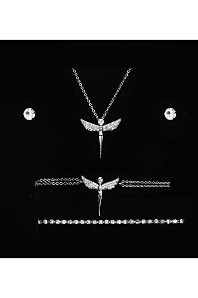 Apollon Gift Shop Gümüş Kaplama Melek Kolye & 2'li Küpe & 2'li Bileklik Hediy...