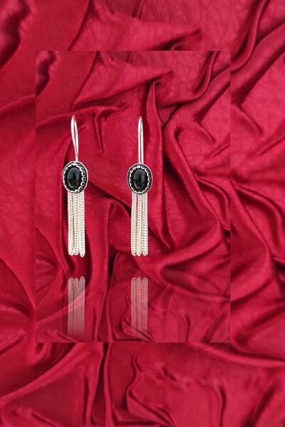 Aykat Siyah Oniks Taşlı Midyat Hasırı Gümüş Küpe Zincirli Kadın Küpe Kupe-172