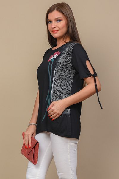 TUSSE بلوزة نسائية من الفيسكوز بأكمام مطبوعة باللون الأسود