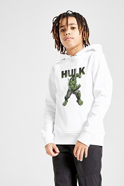 QIVI Hulk Printed Unisex Children's Hooded White Sweatshirt