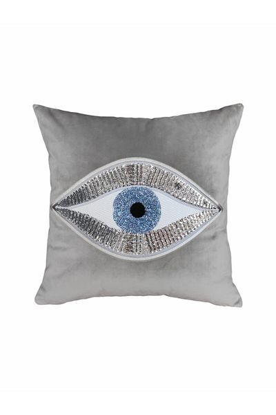ge living Gray Velvet Silver Inside Blue Eye Embroidered Pillow Case