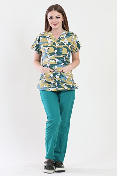 ModaCanel أزياء كانيل الخامس الرقبة ممرضة طبيب سنوبي منقوشة جيرسي البدلة الطبية