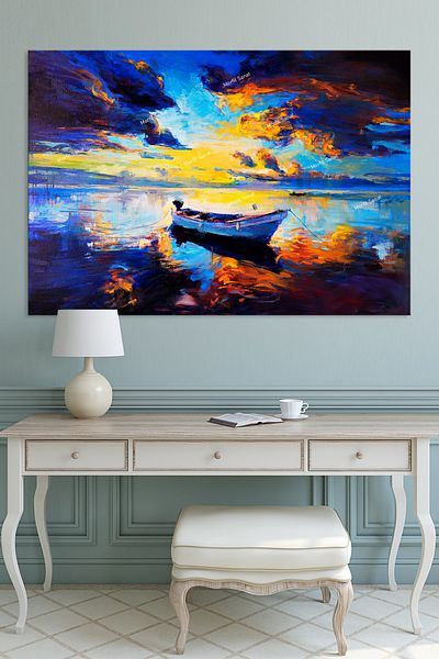 Morfil Sanat Atölyesi Barcă și apus de soare pe plajă pictură artistică pe pânză