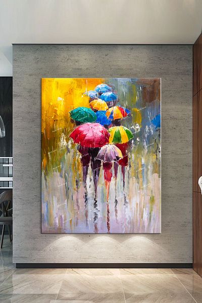Morfil Sanat Atölyesi Περπάτημα στη βροχή Πολύχρωμες ομπρέλες Διακοσμητικός πίνακας σε καμβά