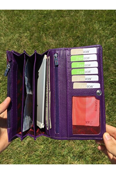 DERKON Women's Genuine Leather Wallet Purple with Flowers and Plenty of Eyes