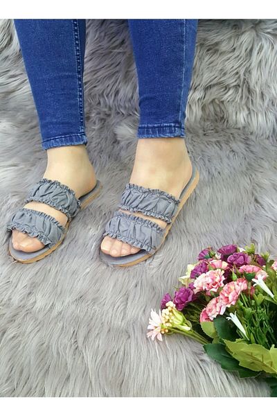 ZERDALİFE Women's Gray Frilly Slippers111151
