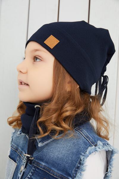 Babygiz Kız Bebek Çocuk Lacivert Ipli Şapka Bere Boyunluk Takım Rahat %100 Pamuklu Kaşkorse Yerli