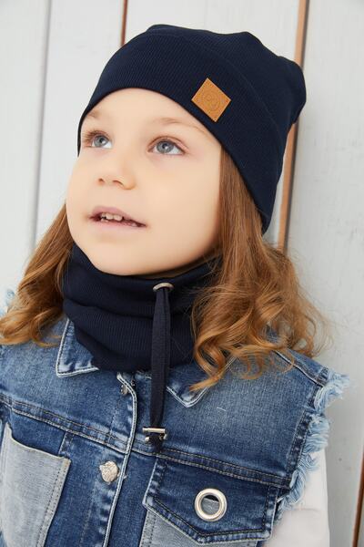 Babygiz Kız Bebek Çocuk Lacivert Ipli Şapka Bere Boyunluk Takım Rahat %100 Pamuklu Kaşkorse Yerli