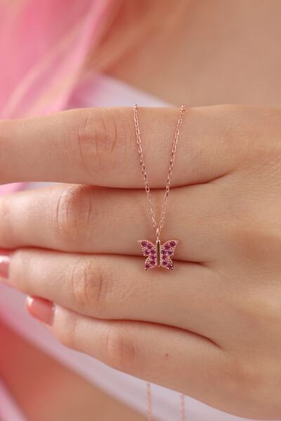 Bilsen Store Kadın 925 Ayar Gümüş Rose Kaplama Rubi Kırmızı Taşlı Kelebek Kolye