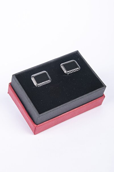 BAYEFENDİ Parlak Siyah Taşlı Dikdörtgen Formlu Kol Düğmesi