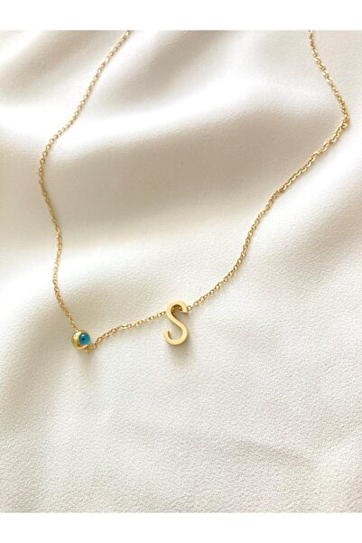 Bestofcase Altın Renk Mavi Nazar Boncuklu Ince Zincirli Içi Dolu S Harf Kolye