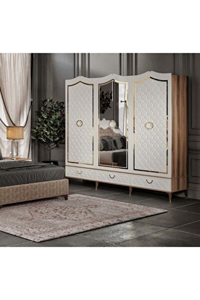 Hazır Mobilya Komple Mdf 6 Kapılı 3 Cekmecelı Country Bambu Dolap Yatak Odası...