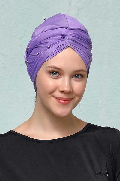 Haşema Lilac Wrapped Sea and Pool Cap with Pearl Detail