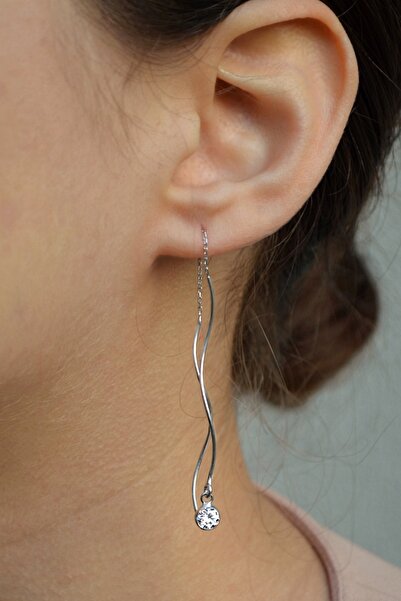 Argentum Concept 925 Ayar Gümüş Zirkon Taşlı Zincirli Telli Tasarım Küpe - K0...