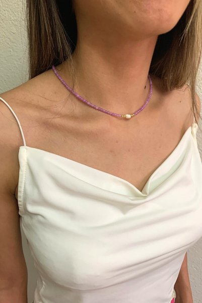 Suerte Accessories Amethyst Natural Stone Mallorcan Pearl Gold Accessory Handmade Special Design Minimal Natural Stone Necklace