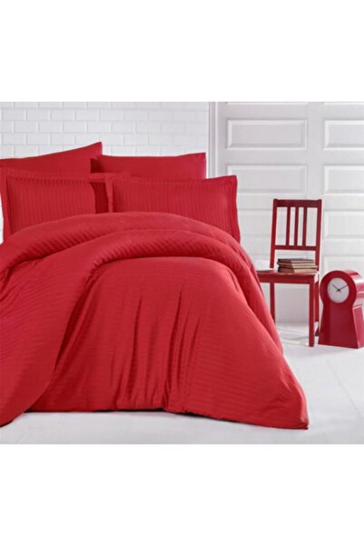 Aran Clasy طقم غطاء لحاف من الساتان القطني باللون الأحمر المخطط