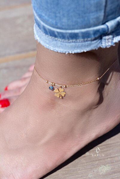 BY BARUN SİLVER Nazar Halhal Ayak Zinciri Göz Boncuğu Mavi 925 Ayar Sarı Gold Gümüş Halhal
