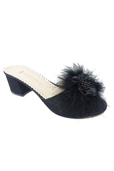 Whipper 1301 Κεντημένες γυναικείες παντόφλες με χοντρό τακούνι και τρίχες