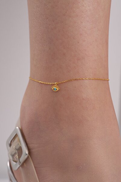 Bilsen Store 925 Ayar Gümüş Zincirli Altın Kaplama Firuze Taşlı Minimal Kirpik Göz Halhal