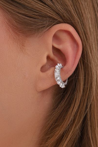 Bilsen Store Women's Magnificent Pearl Series Cartilage Italian Earrings Decorated with Zircon Stones