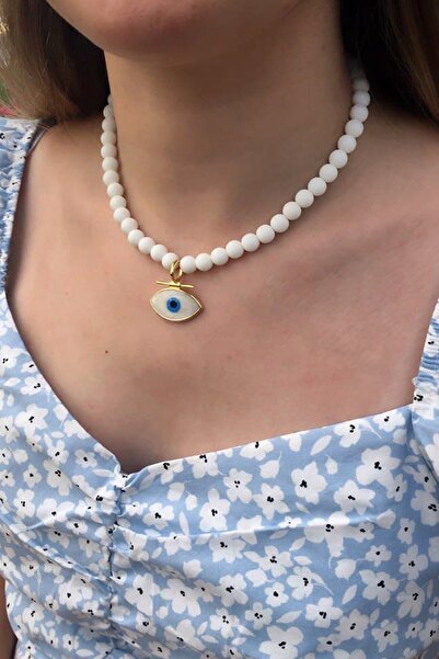 Histakı Women's White Adjustable Eye End Bead Necklace