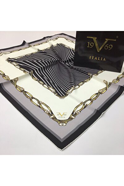 19V69 ITALIA وشاح من نسيج قطني طويل باللون الرمادي والأبيض مع سلسلة بنمط الحم...