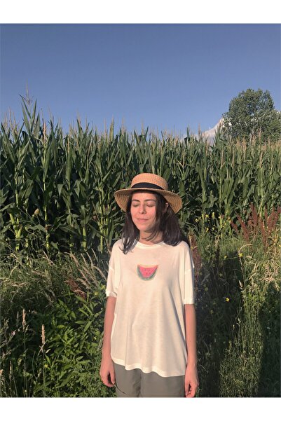 Kadın Beyaz Bisiklet Yaka Pamuklu Baskılı Salı Hikayeli Tshirt Kt2salı