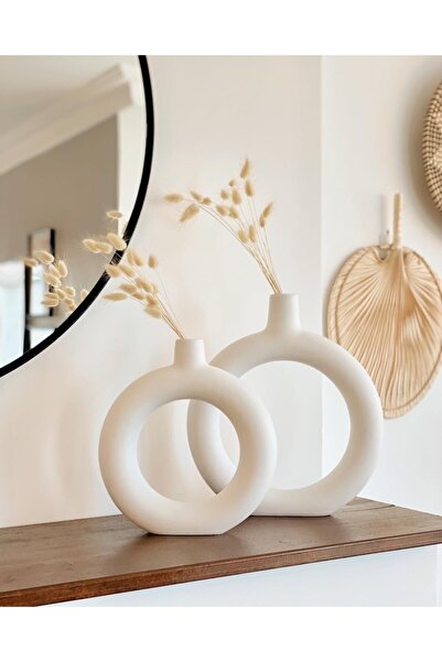 Hestia Home Halka Seramik Vazo 2'li Set Beyaz