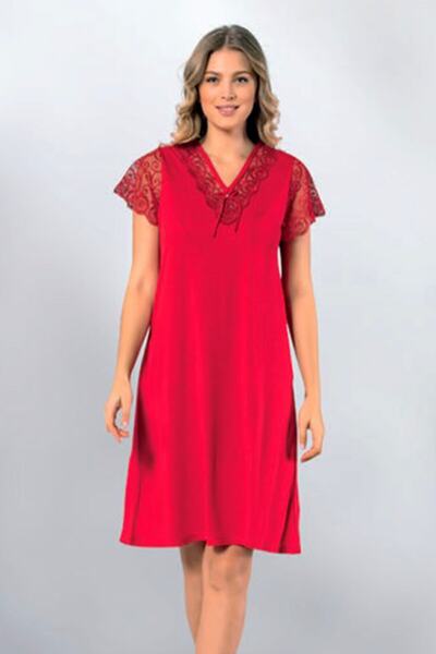 KOTA Dantel Kol Kırmızı Penye Gecelik