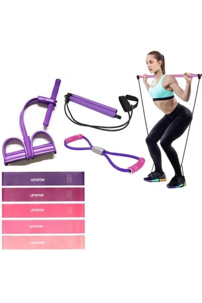 Clifton Body Trimmer(4 Lastikli) +5'li Latex Band+pilates Ipi+aerobik Çubuğu -8 Parça Full Set-