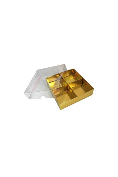 TT Tahtakale Toptancıları Asetat Kapaklı Karton Kutu 12x12x3 Cm 4 Bölmeli Kutu (10 Adet) Gold