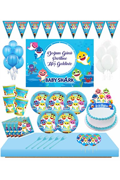Masal Şekerleme Baby Shark Afişli Full 8 Kişilik Doğum Günü Set Pasta Süsü Dahil