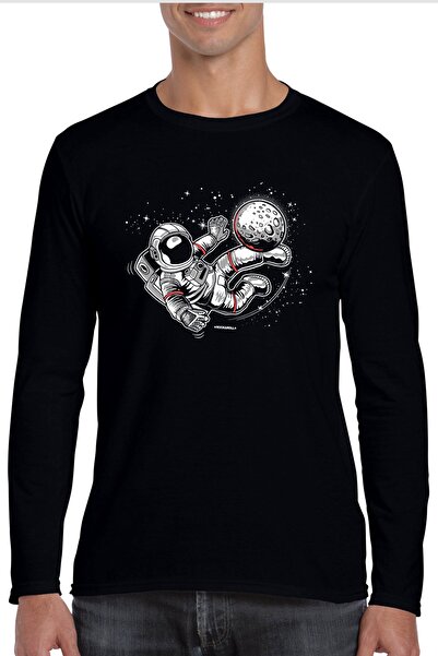 ROCKANDROLL Erkek Siyah Futbolcu Astronot Bisiklet Yaka Uzun Kollu Penye T-shirt