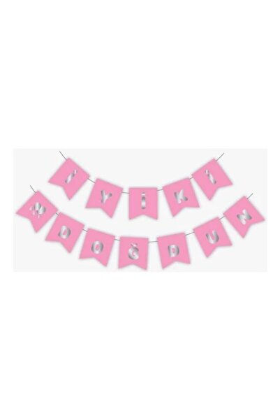 KÖŞEM AVM Köşem Gift Ornament Happy Birthday Pink Silver Gilded Banner