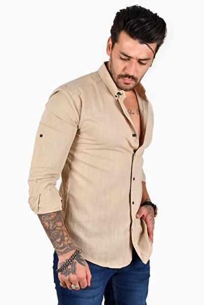 DeepSEA Milky Brown Linen Long Sleeve Lycra Men's Shirt2101101