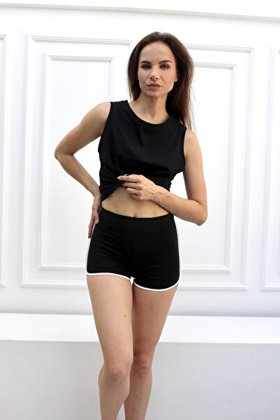 Grenj Fashion Siyah Yanda Tek Şeritli Mini Sporcu Şort