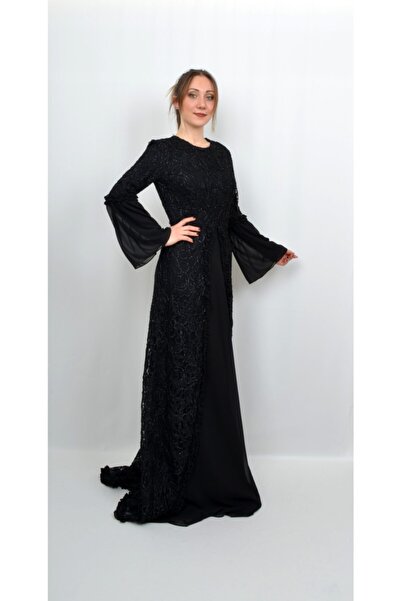 ALİS DRESS Kadın Siyah Önü Fırfır Detaylı Uzun Kollu Abiye