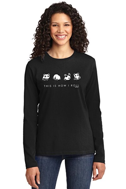 ROCKANDROLL Kadın Siyah Panda Taklası Bisiklet Yaka Uzun Kollu Penye T-shirt