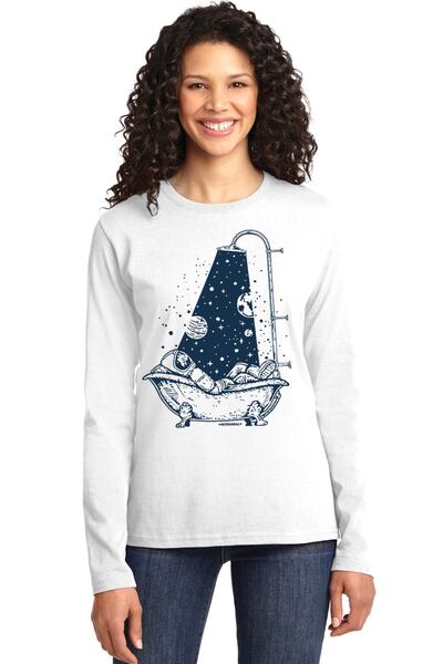 ROCKANDROLL Tricou alb din bumbac pieptănat cu mânecă lungă Astro Shower pentru femei