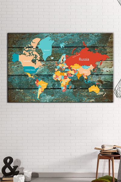 Morfil Sanat Atölyesi Hartă Lemn Fundal Aspect Decorativ Harta Lumii Canvas Print