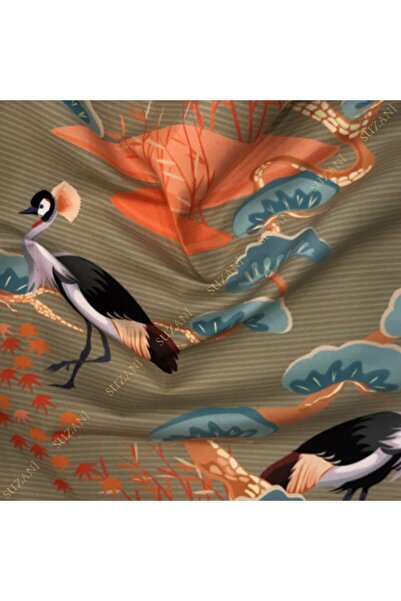 SUZANİ Çizgi Zeminli Turna Desenli Dijital Baskılı Kumaş Kms-0917