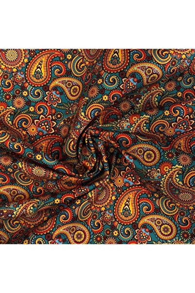 SUZANİ Turkuaz Zemin Şal Desenli Dijital Baskılı Kumaş Kms-0928