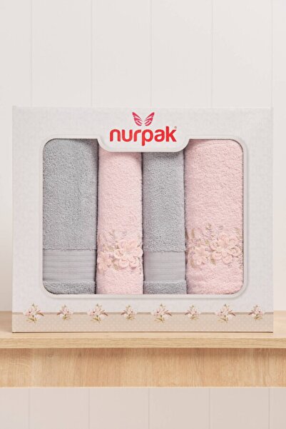 Nurpak Набір рушників з вишивкою - Сірий - Рожевий