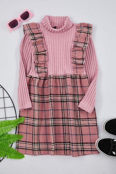 TRENDYOLKIDS Μίνι πλεκτό φόρεμα με καρό στάμπα ροζ - όρθιος γιακάς, βαμβακερό TKDAW25EL00013