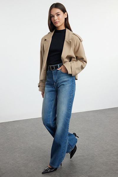 Trendyol Collection Sötétkék, magas derekú, széles lábú farmernadrág TWOAW25JE00103