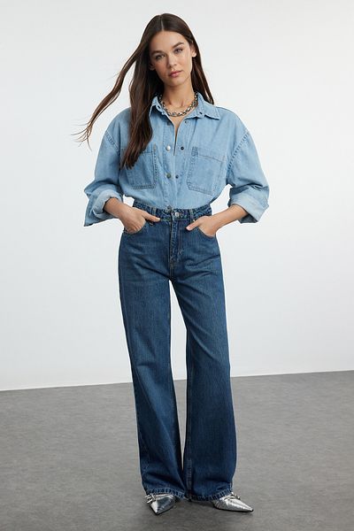 Trendyol Collection Magas derekú sötétkék széles lábú farmernadrág - TWOAW25JE00091