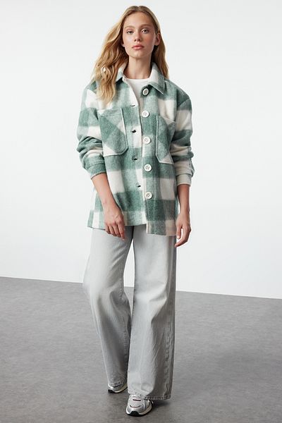 Trendyol Collection Mehrfarbiger, karierter, gemusterter, normaler, saisonaler Shacket-Jackenmantel aus Kaschmir TWOAW25MO00203