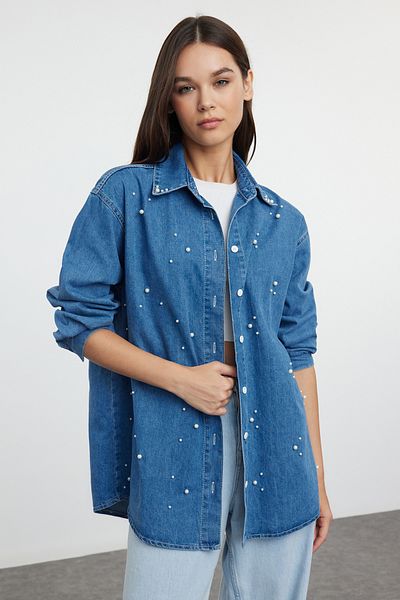 Trendyol Collection Džínová košile s modrými perlami Twoaw25Go00057