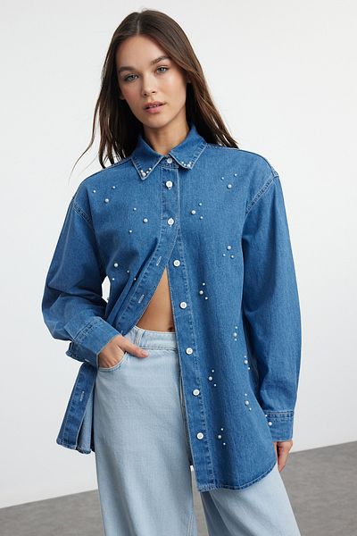 Trendyol Collection Džínová košile s modrými perlami Twoaw25Go00057